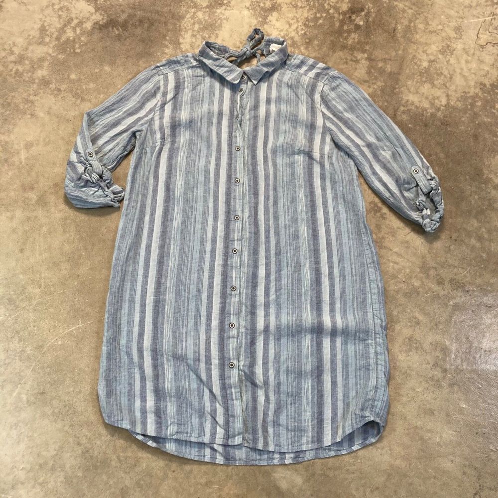 Loft Lounge Dress Medium Linen Blend Blue Striped Button Down Collared Tunic